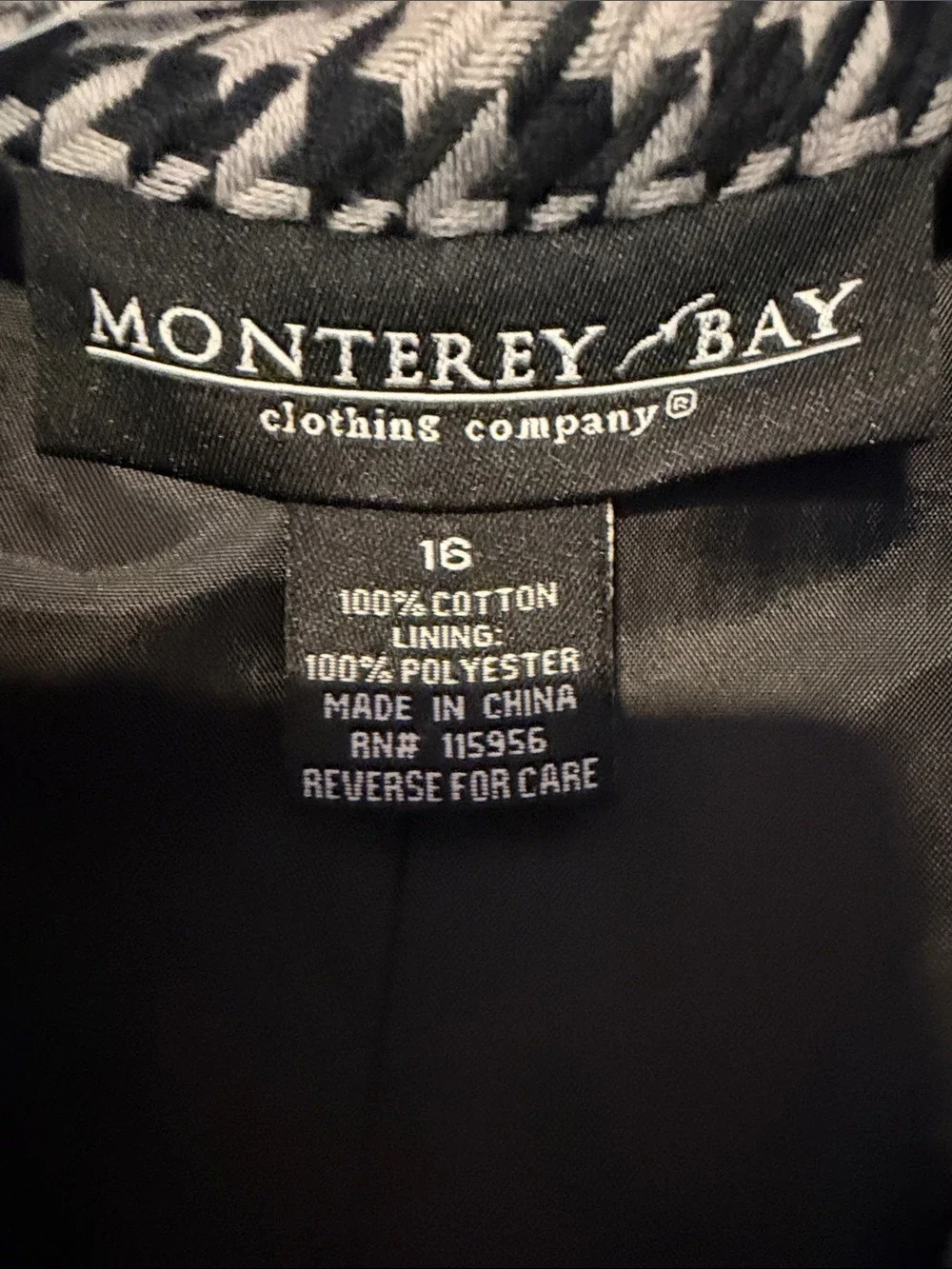 Monterey Bay Houndstooth Blazer Black Gray Piped Trim Tailored Sz 16 - Picture 3 of 9